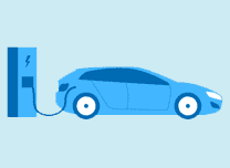 A blue car is plugged into a charging station.