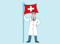 A doctor holding a swiss flag.