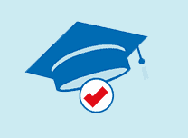 A graduation cap with a check mark on it.