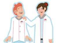 Two people in lab coats standing next to each other.