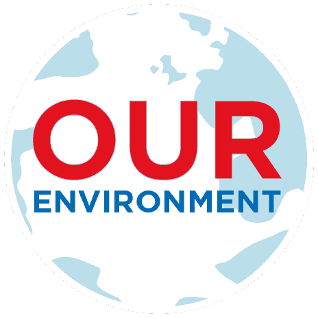 Our environment logo on a red background.