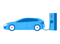 A blue car is plugged into a charging station.