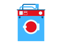 An icon of a washing machine on a blue background.