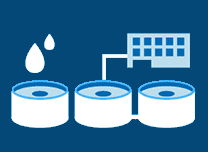 A blue background with two barrels and a drop of water.