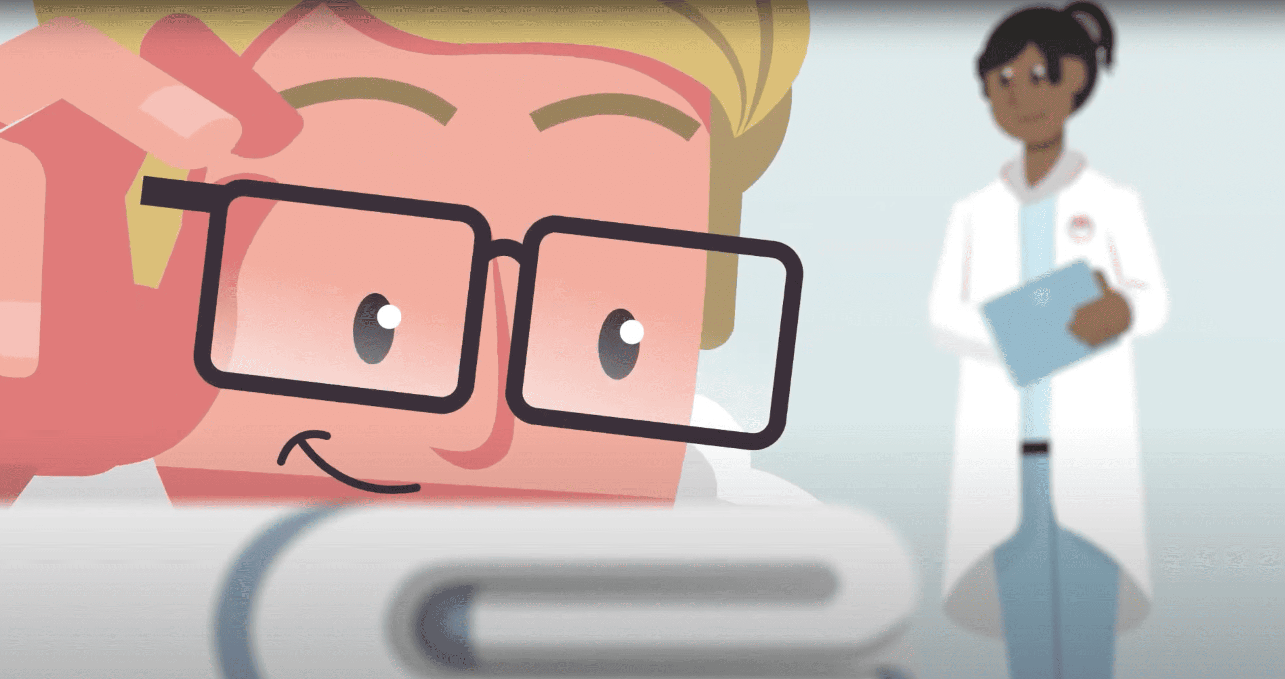 A stylized animation with a large, smiling face wearing glasses in the foreground and a person in a white coat holding a clipboard in the background.